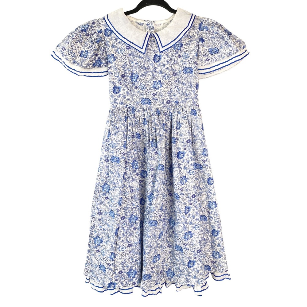 Sarah Kent Vintage Girls Toile Dress 12 Blue Peter Pan Collar Romantic Cottage